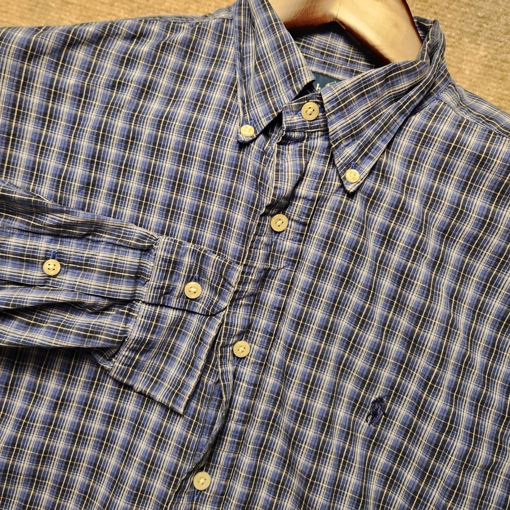 Polo Ralph Lauren Button Down Shirt Mens L Blue Navy Plaid Long Sleeve Pony Logo